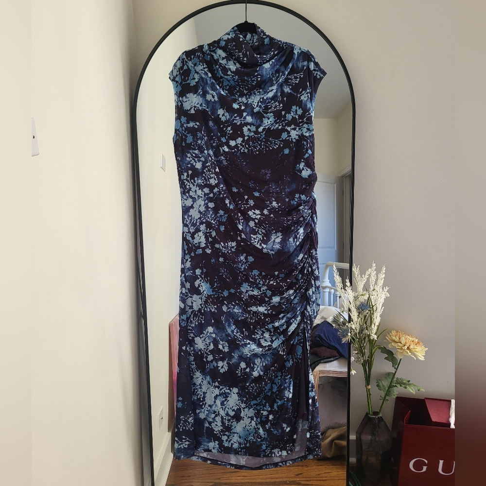 Maya Ruched Blue & Black Floral Mesh Dress